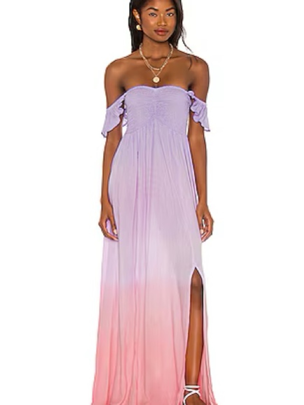 Tire Hawaii flowey dress | sm| Off-Shoulder Ombre Maxi Dress in Lavender to Pink